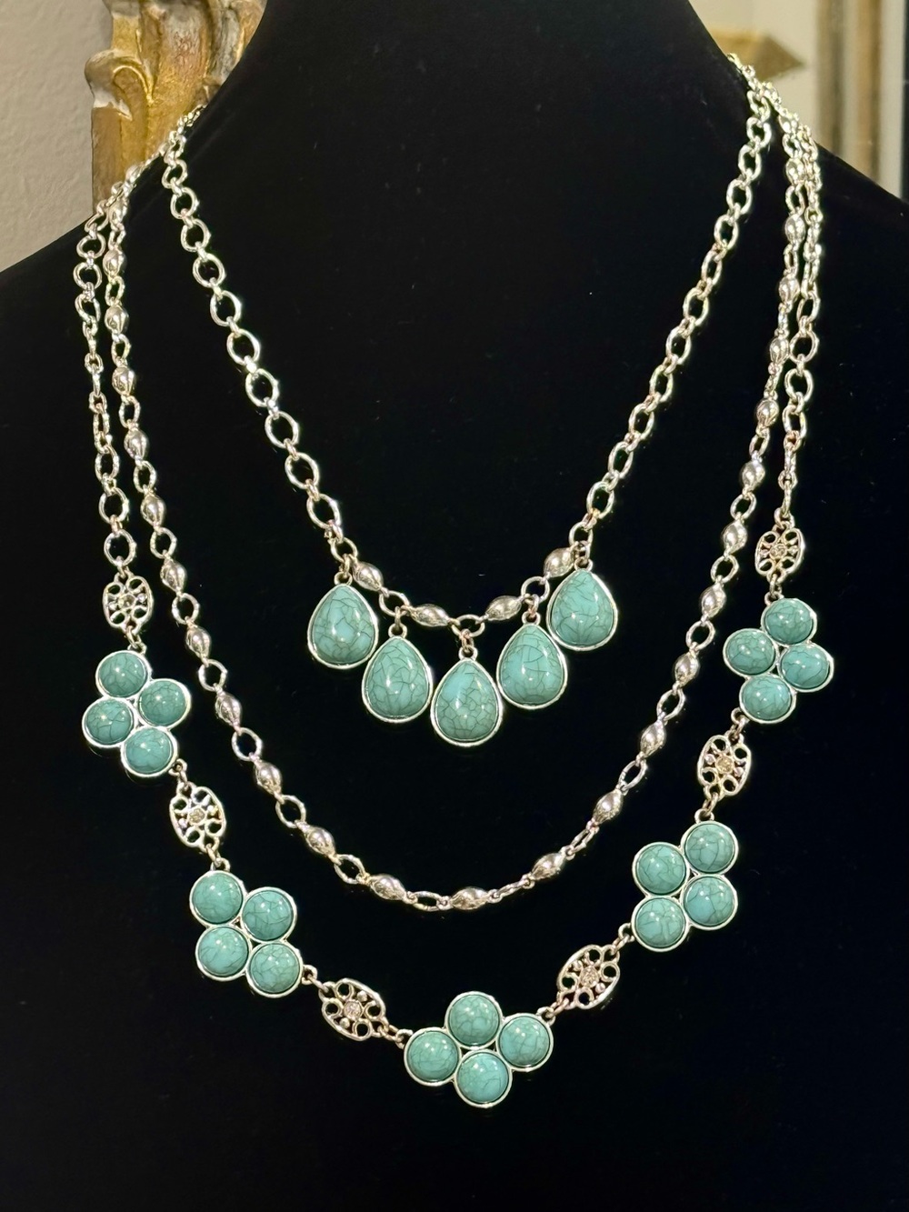 Premier Silvertone Faux Turquoise 3 Strand Necklace